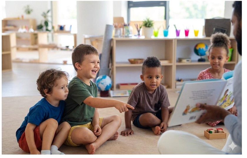 Children at kindergarten listening to a teacher read a story