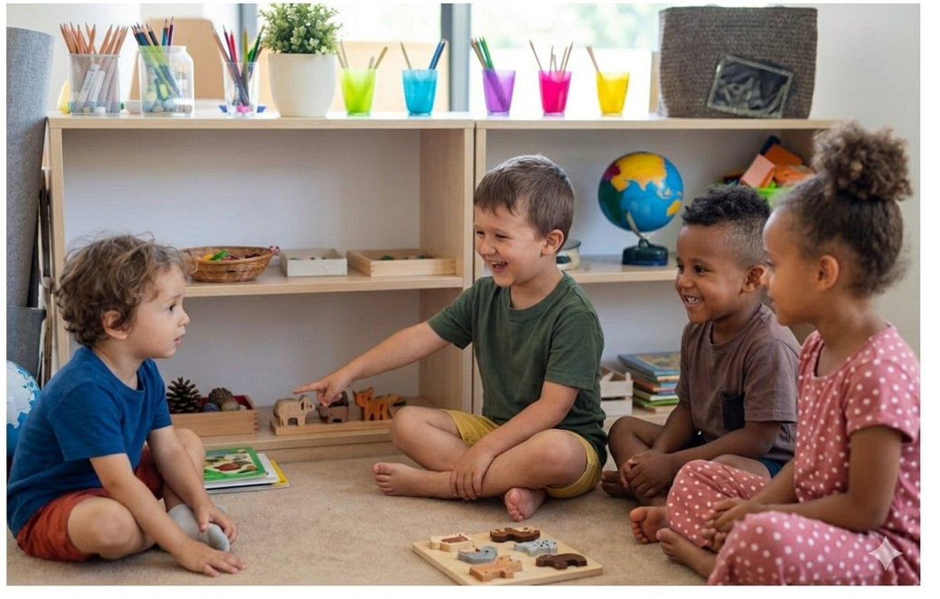 Children playing together with wooden toys at a Montessori classroom